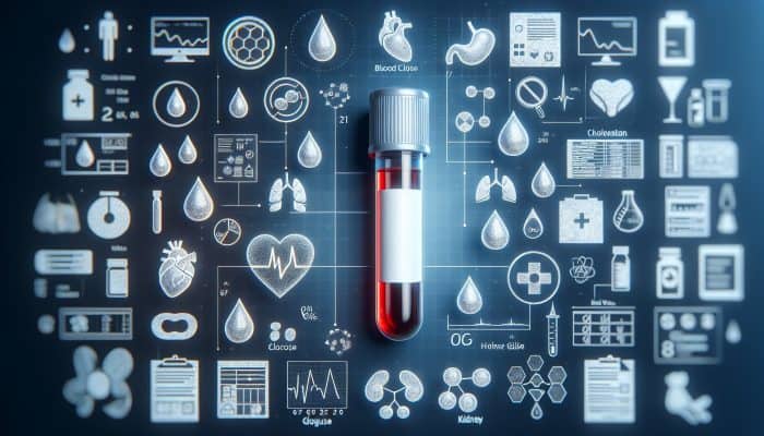 Illustration of a blood test vial with icons for cholesterol, glucose, kidney, and liver health screening.