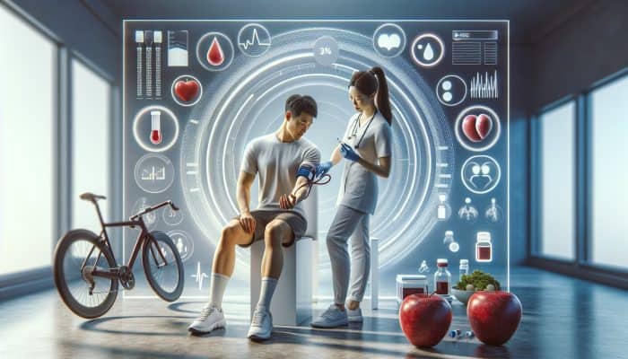 A person getting a blood test in a clinic, with a chart showing early detection of diabetes and high cholesterol, surrounded by healthy diet and exercise symbols.
