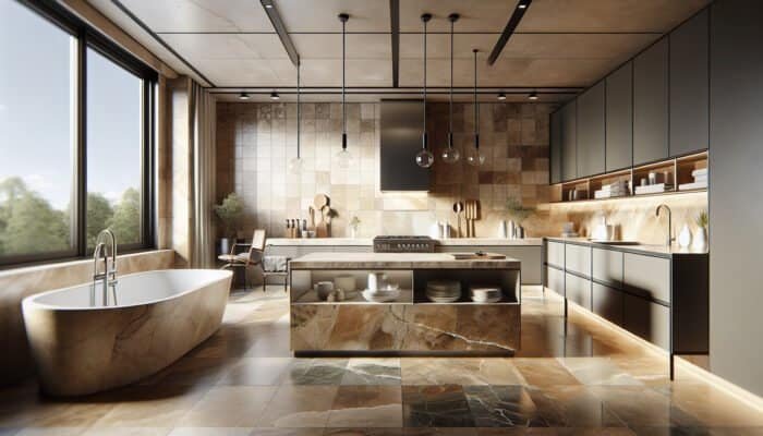 Modern UK kitchen and bathroom featuring honed, tumbled, and polished travertine tiles in warm earth tones.