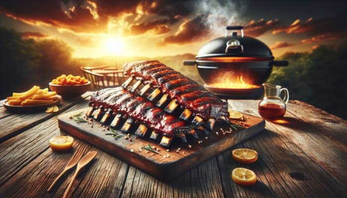 Close-up of smoked spare ribs with sauce on a rustic table, smoky barbecue and sunset in background.
