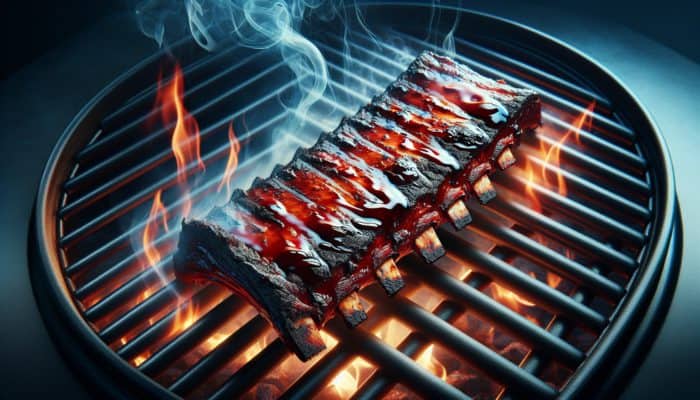 Smoked spare ribs with bourbon glaze on a grill, digital thermometer showing 225°F-250°F, surrounded by smoke.