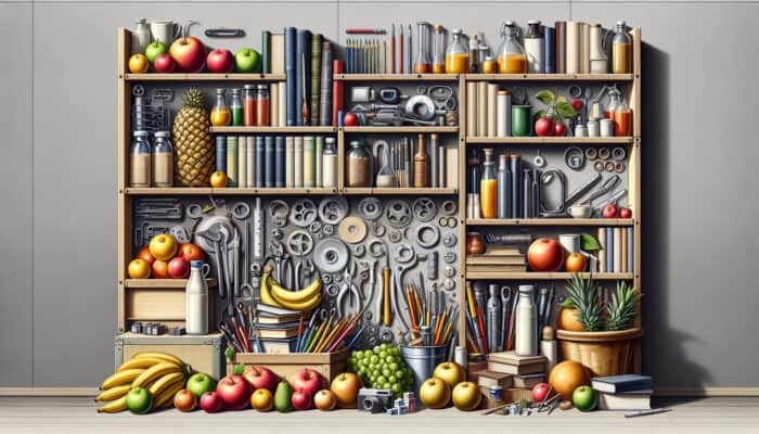 Items like books, tools, and fruits sorted and categorized into labeled boxes and shelves.