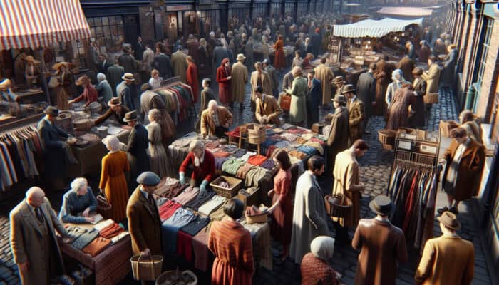 UK marketplace scene with people selling second-hand items, featuring vintage clothing photos and descriptions.