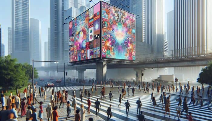 A digital billboard in an urban area displaying ads tailored for a diverse and engaged audience.