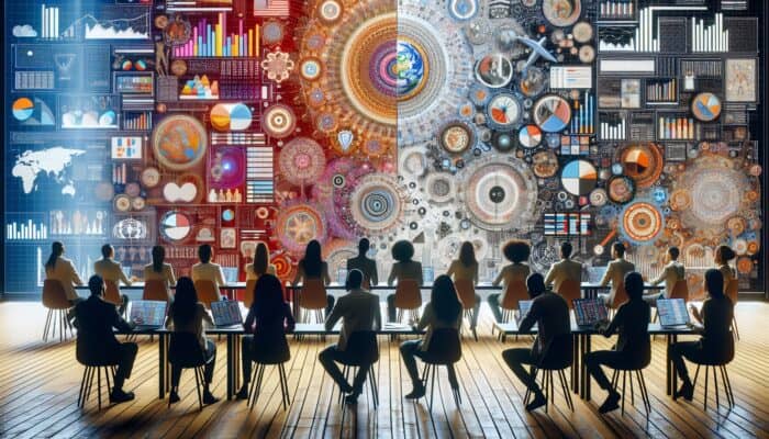 A diverse group of individuals engaging with ads tailored to their demographic and psychographic profiles in a vibrant environment.