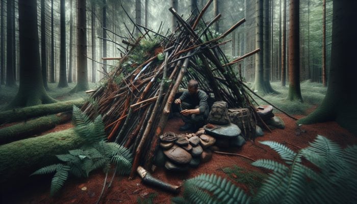 Person in forest building lean-to shelter with branches, leaves, stones, demonstrating survival skills.
