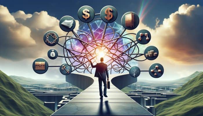 Essential Terminology in Debt Consolidation: A Beginner's Guide | DCL A person confidently navigating a clear path through a complex financial landscape with labeled signposts under a bright sky.