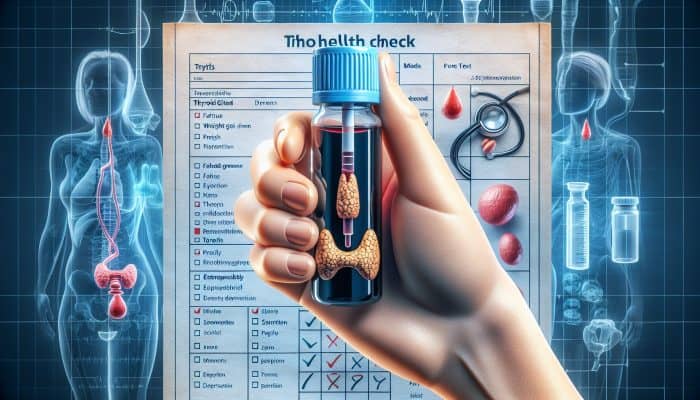 A blood test vial labeled "Thyroid" with symbols of fatigue, weight gain, depression, and a thyroid gland model.