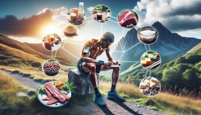 Ultrarunner eating a balanced meal for recovery, with mountains in the background.