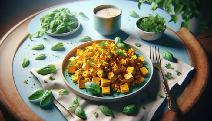 Golden turmeric tofu scramble with fresh parsley and basil on a colorful plate.