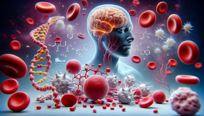 Vitamin B12 Blood Test in Swindon: Illustration of Vitamin B12 molecule with red blood cells, nerve cells, DNA, and brain, highlighting its roles.