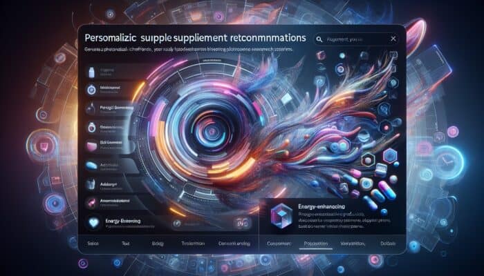 A futuristic AI interface showing personalized energy-enhancing supplement recommendations based on user data and search patterns.