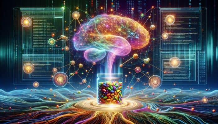 A glowing neural network processing data into personalized supplement bottles, focusing on plant-based protein options.