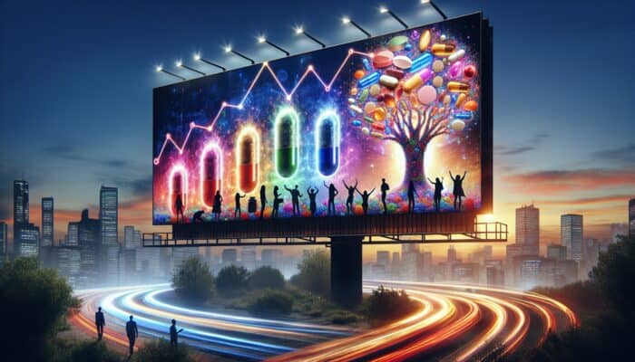 A digital billboard with personalized supplement ads, graphs of rising conversion rates, and happy customers with products, in a modern cityscape at dusk.