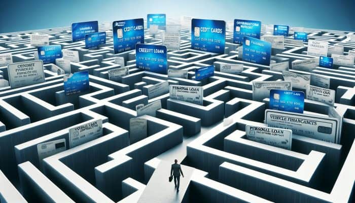 Debt Consolidation for Complex Debt Portfolios | DCL Debt Consolidation for Complex Debt Portfolios: A person overwhelmed by a maze of credit cards, loans, and finance agreements, representing complex debt in the UK.