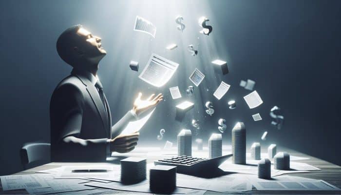 Debt Consolidation for Complex Debt Portfolios | DCL Person at desk consolidating debts, using calculator, looking relieved.