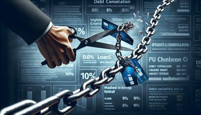 Debt Consolidation for Complex Debt Portfolios | DCL Person cutting high-interest credit card chains, transitioning to a single 10% loan chain, symbolizing debt consolidation.