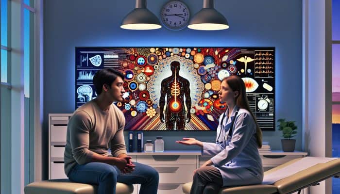Person discussing Vitamin B12 test fasting with healthcare provider, medical charts, eight-hour clock in doctor's office.