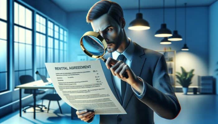 Person using magnifying glass to read rental agreement, focusing on insurance and fees with concern.