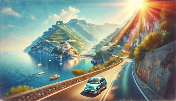 A serene Amalfi Coast road trip with a rental car, secured by comprehensive insurance against accidents and theft.