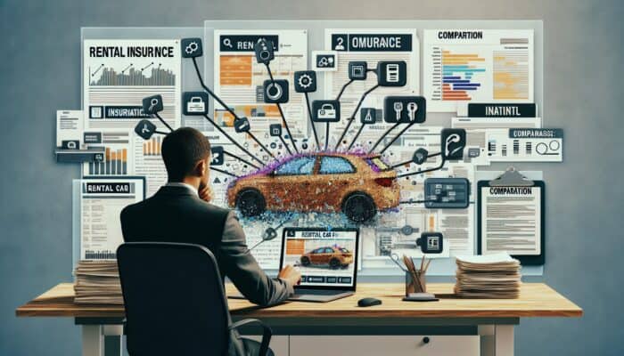 Person reviewing car rental insurance documents and comparison charts on laptop in modern office.