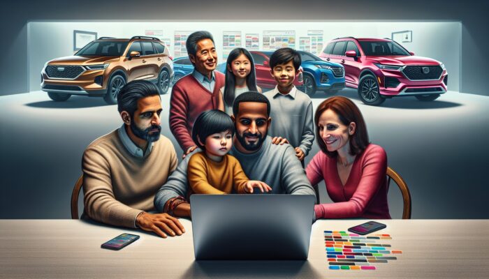 Family analyzing SUV rental options on a laptop, featuring logos of Enterprise, Hertz, Avis, Turo, and Getaround; SUVs in the background.