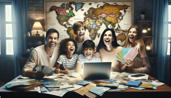 Family going over SUV rental policies at home, surrounded by travel plans and a laptop.