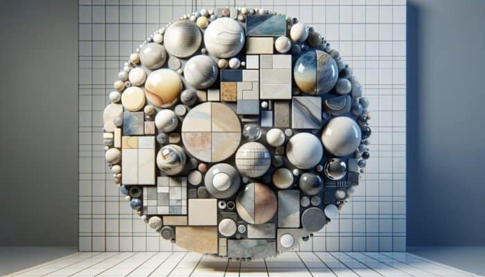 A variety of porcelain tiles: glazed, glossy and water-resistant; unglazed, natural texture; polished, smooth and reflective, in a busy area.