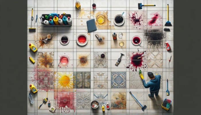 Porcelain tiles stained with wine, coffee, and grease; individual cleaning with various tools and solutions.