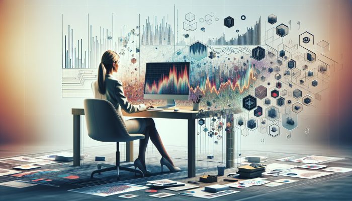 A person analyzing financial graphs, charts, and reports on a desk with a computer showing stock trends.