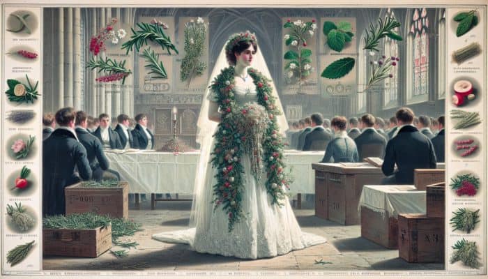 A bride adorned with rosemary garlands during an ancient UK ceremony, symbolizing love and memory enhancement.