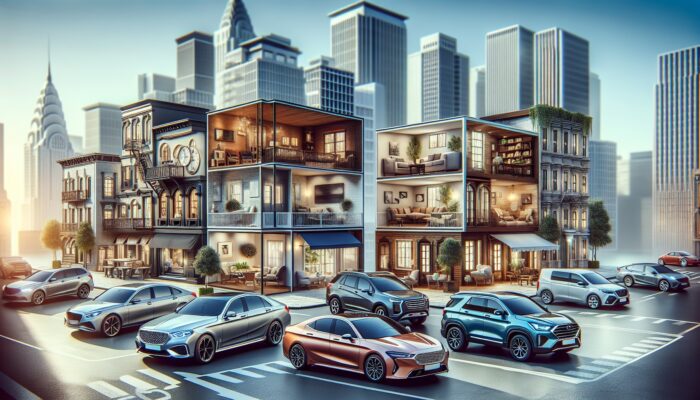 A vibrant city street with various vehicles including luxury sedans, economical hatchbacks, SUVs, and vans.
