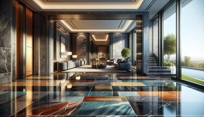 Elegant interior with glossy polished slate floors in various colors, enhancing a sophisticated home in Barnes Cray.