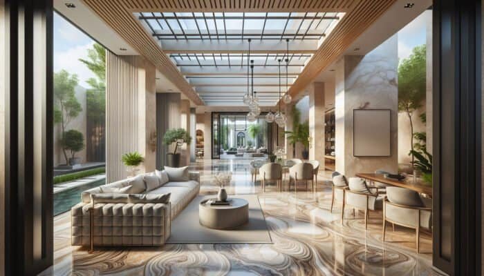 Luxurious Chelsea home interior with travertine flooring, showcasing unique patterns and textures, blending traditional and contemporary styles.