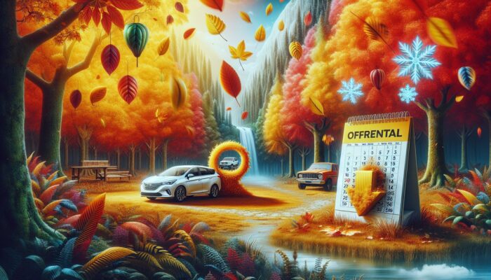A serene autumn landscape with a car rental office, colorful falling leaves, and a calendar showing off-peak seasons.