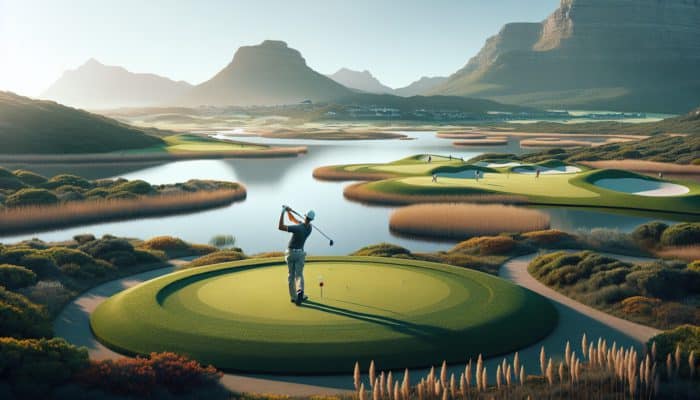 Golfer swinging at Arabella's championship course with scenic Bot River Lagoon and Overberg's flora and fauna.