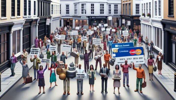 How to Time Your Debt Consolidation Loan: A Guide | DCL How to Time Your Debt Consolidation Loan: UK street scene with people holding credit cards, loans, and mortgages, illustrating diverse debt options.