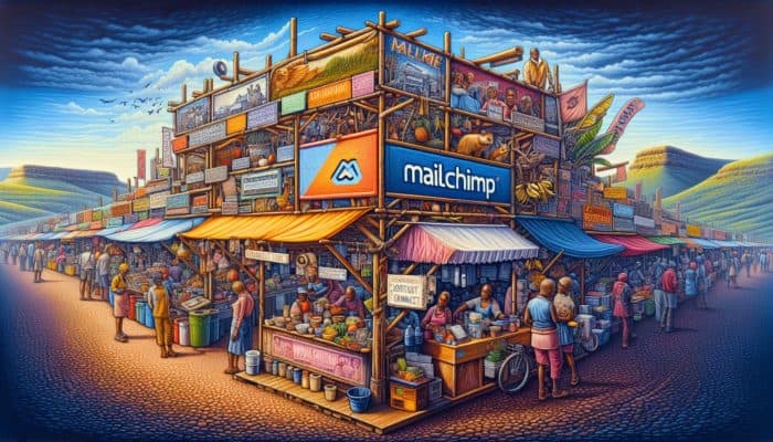 South African market scene with Mailchimp and Constant Contact stalls, local businesses in background.