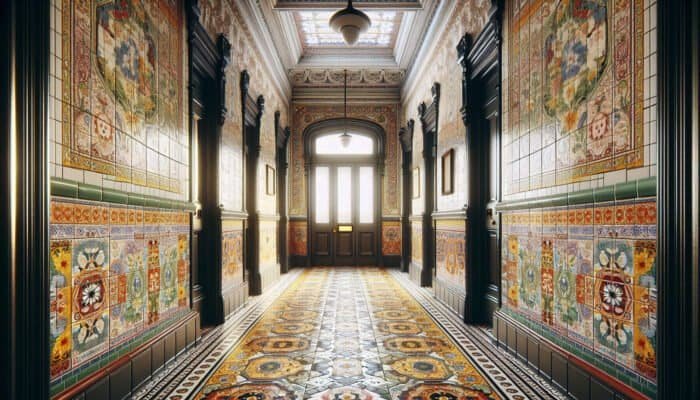 Victorian hallway featuring vibrant, intricate encaustic tile patterns, showcasing 19th-century British craftsmanship.