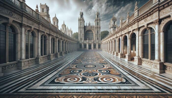 Restored marble floor in Morden Park, UK, showcasing intricate designs with the British Museum and Westminster Abbey in the background.