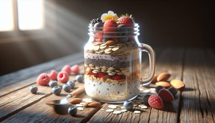 Jar of overnight oats with berries, chia seeds, and honey on a rustic table in morning sunlight.