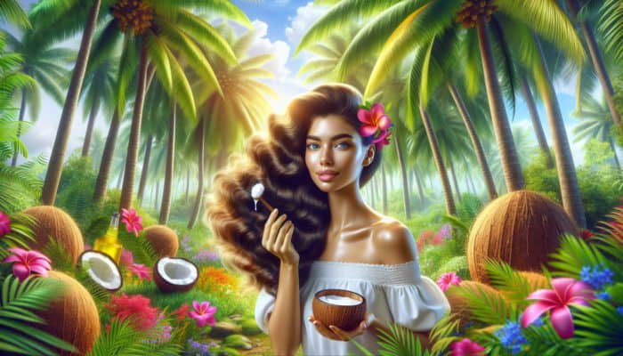 Woman applying coconut oil in a tropical setting, symbolizing hair nourishment and protection.