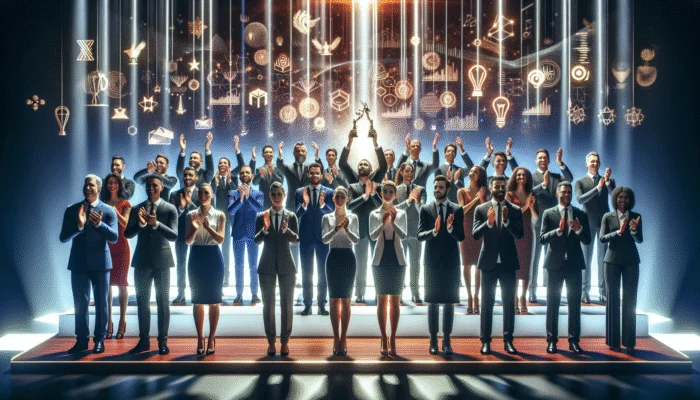 Diverse professionals receiving industry awards on stage, celebrated by peers with vibrant lights and achievement backdrop.