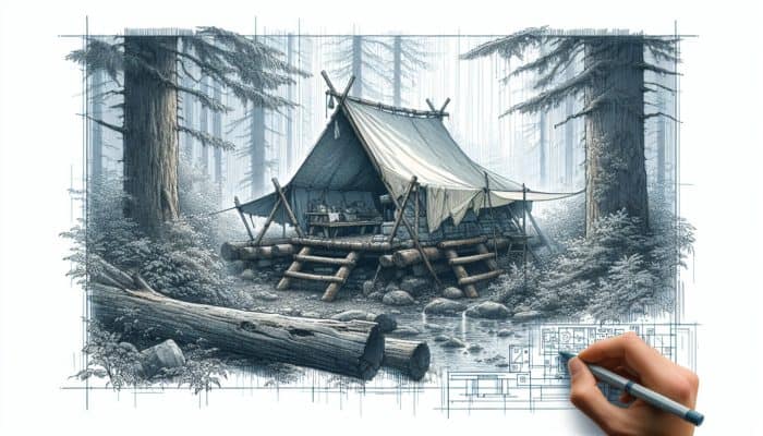 Wilderness shelter in rainy forest, using tarps and plastic, elevated on logs, with natural overhangs for protection.