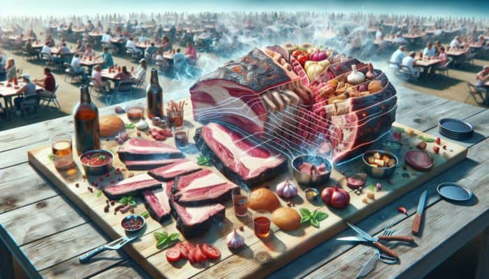 Diagram of meat cuts for BBQ, highlighting brisket with notes on fat trimming and smoking techniques.