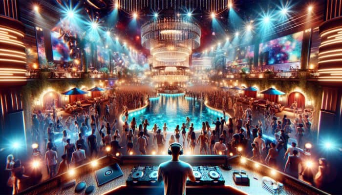 A crowded dance floor at XS Nightclub in Las Vegas with dazzling lights, an outdoor pool, and a DJ.