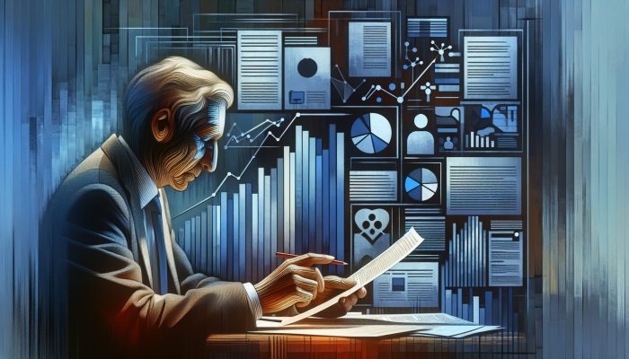 A retiree analyzing financial documents and credit reports, focused on maintaining a high credit score for debt consolidation loan eligibility.