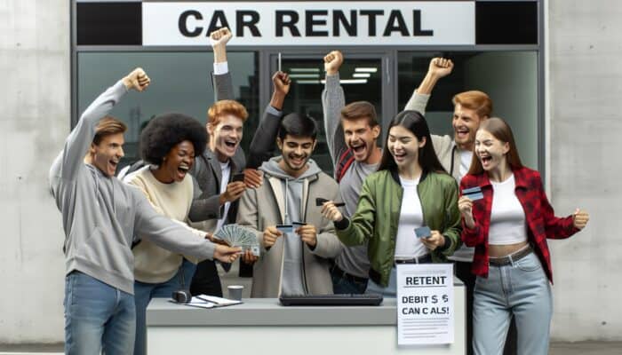 Diverse students celebrating at car rental office, using debit cards and cash for vehicle rentals, symbolizing inclusivity.