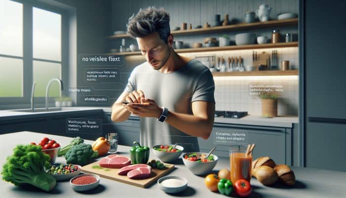 A man logs his meal into a smartphone app in a kitchen, surrounded by healthy foods, wearing a fitness tracker.