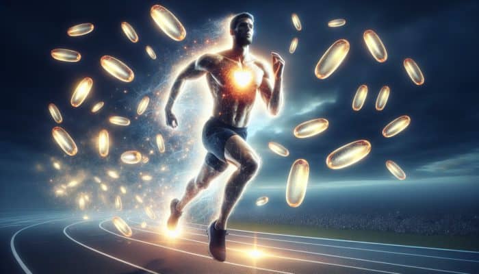 Athlete running effortlessly with glowing heart, surrounded by omega-3 capsules, symbolizing endurance and lower resting heart rate.